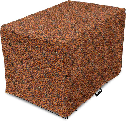 Lunarable Vintage Halloween Dog Crate Cover, Halloween Themed Elements on a Purple Background Scary Mosters, Easy to Use Pet Kennel Cover for Medium Large Dogs, 42 Inch, Dark Purple Orange