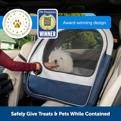PetSafe Portable Pet Crate for Car, Aluminum Frame Dog Crate, Folds Down for Storage, Secures with Headrest Strap and Seatbelt, Pet Travel (Gray/Blue)