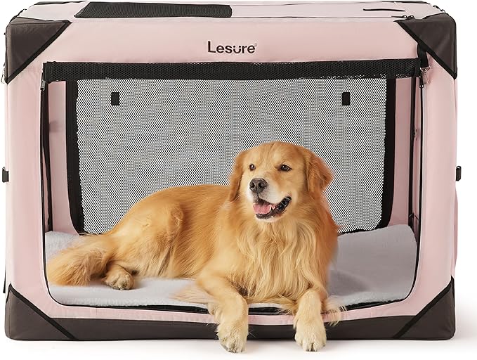 Lesure Collapsible Dog Crate - Portable Travel Kennel for Extra Large Dog, 4-Door Pet Crate with Durable Mesh Windows, Indoor & Outdoor, Pink