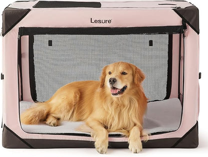 Lesure Collapsible Dog Crate - Portable Travel Kennel for Extra Large Dog, 4-Door Pet Crate with Durable Mesh Windows, Indoor & Outdoor, Pink