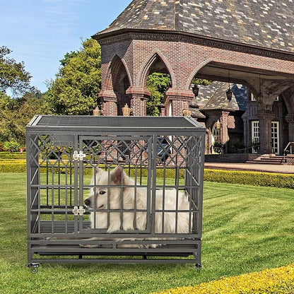 SMONTER Heavy Duty Dog Cage for Large Dog Strong Metal Kennel and Crate Pet Playpen with Three Doors, Four Wheels,38 Inch,Y Shape,Silver … … …