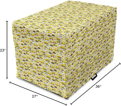 Lunarable Cartoon Dog Crate Cover, Construction Vehicles Style Machines Safety Building Theme, Easy to Use Pet Kennel Cover for Medium Large Dogs, 36 Inch, Yellow White Black