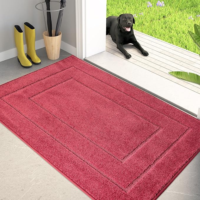 PURRUGS Dirt Trapper Door Mat 34" x 59.5", Non-Slip/Skid Machine Washable Entryway Area Rug, Dog Door Mat, Super Absorbent Welcome Mat for Muddy Wet Shoes and Paws, Burgundy Red