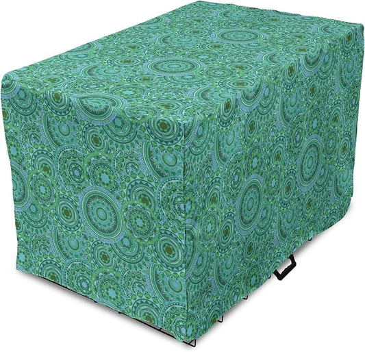Lunarable Emerald Dog Crate Cover, Mandala Pattern with Soft Color Pattern Complex Motif Eastern Geometric Style, Easy to Use Pet Kennel Cover for Cats & Medium Dogs, 30 Inch, Green Blue