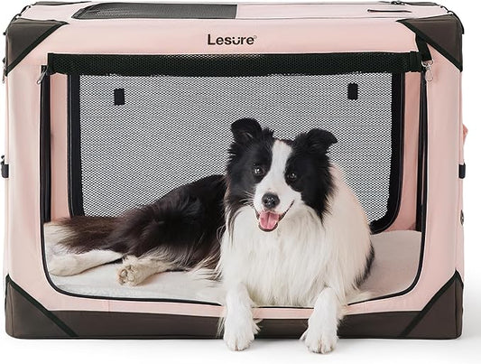 Lesure Collapsible Dog Crate - Portable Travel Kennel for Large Dog, 4-Door Pet Crate with Durable Mesh Windows, Indoor & Outdoor, Pink