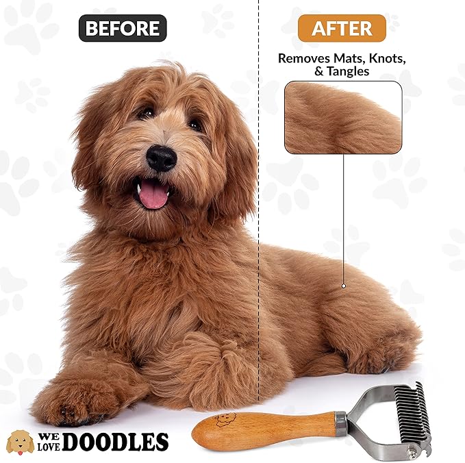 Pet Dematting Comb for Dogs and Cats with Wood Handle, Deshedding Undercoat Rake for Dogs with Stainless Steel Blades, Dog Comb for Detangling Thinning and Shedding, All Hair Types [We Love Doodles]