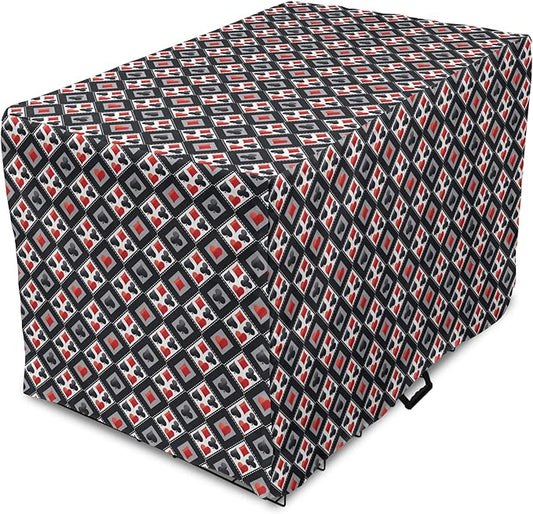 Lunarable Casino Dog Crate Cover, with Geometrical Design and Mosaic Composition Gamblers Club, Easy to Use Pet Kennel Cover for Cats & Medium Dogs, 30 Inch, Black Red Grey