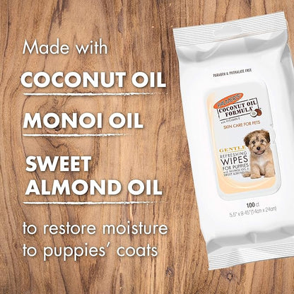 Palmer's for Pets Coconut Oil Gentle Refreshing Wipes for Puppies | Palmers Coconut Oil Puppy Wipes - 100 ct Gentle Pet Grooming Wipes for Dogs with Coconut Oil
