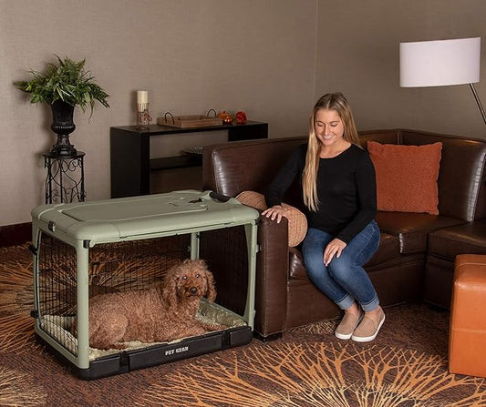 Pet Gear “The Other Door” 4 Door Steel Crate for Dogs/Cats with Garage-Style Door, Includes Plush Bed + Travel Bag, No Tools Required, Willow