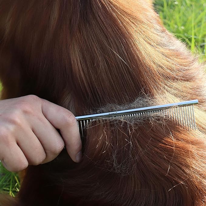ROPO Dog Comb for Removing Matted Fur - Pet Dematting Comb with Rounded Teeth and Non-Slip Grip Handle - Prevents Knots and Mats for Long and Short Haired Pets (Round handle, Bright Silver)