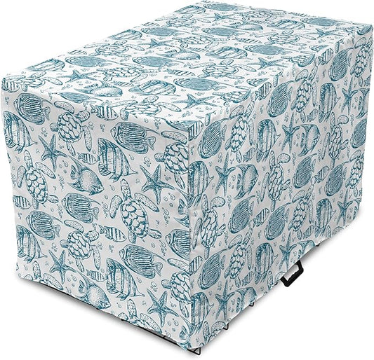 Lunarable Under The Sea Dog Crate Cover, Hand Drawn Sketch Art Style Fauna of The Sea Turtle Starfish and Fishes, Easy to Use Pet Kennel Cover for Medium Large Dogs, 36 Inch, Blue White