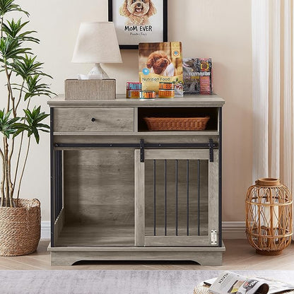 Dog Crate Furniture, Dog Crate Table with Sliding Barn Door, 35" Dog Kennel Furniture Heavy Duty Wood Crates for Small/Medium/Large Dogs Kennel Indoor Grey One Size