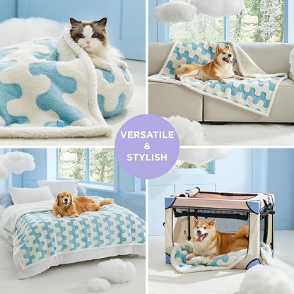 Lesure Waterproof Dog Blanket for Large Dogs - Washable Double Sided Dog Blankets with Warm Jacquard Shag and Soft Sherpa Fleece, Pet Cat Blanket for Couch Protection, 3D Textured Wave, Blue