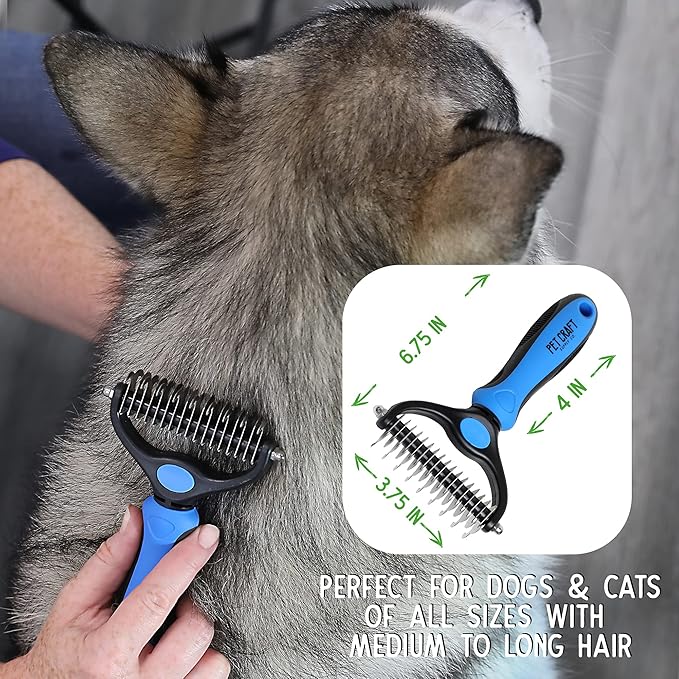 Pet Craft Supply Dog Grooming Rake Undercoat Brush 2-in-1 Pet Deshedding Dematting Detangler Tool with Double Sided Metal Comb Head for Cats and Dogs with Long or Short Hair Fur