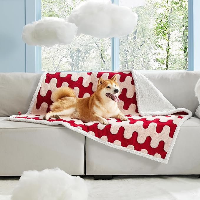 Lesure Waterproof Dog Blanket for Large Dogs - Washable Double Sided Dog Blankets with Warm Jacquard Shag and Soft Sherpa Fleece, Pet Cat Blanket for Couch Protection, 3D Textured Wave, Red