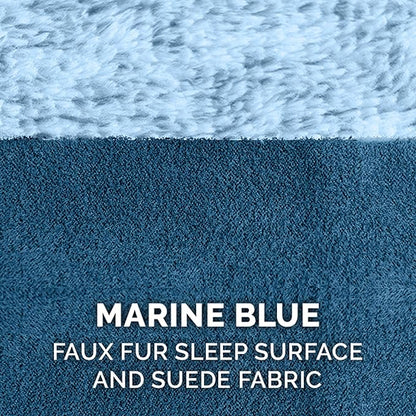Furhaven Orthopedic Dog Bed for Large Dogs w/ Removable Bolsters & Washable Cover, For Dogs Up to 95 lbs - Two-Tone Plush Faux Fur & Suede L Shaped Chaise - Marine Blue, Jumbo/XL