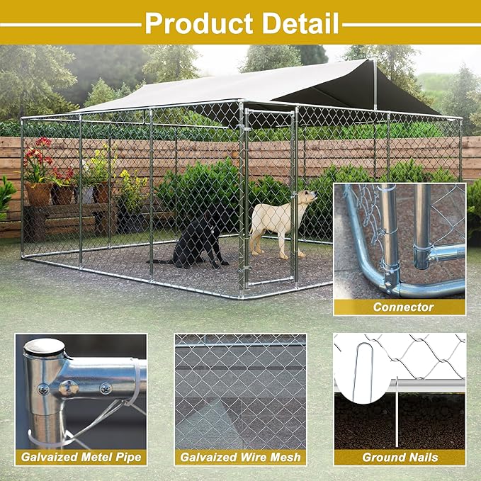 Outdoor Dog Kennel Dog Crate with Lockable Swing Gate,Water & UV Resistant Dog Enclosure Outdoor W/Pitched Roof,Heavy Duty Dog Pens Dog House Outside for Large Dogs,Gray(157"x 157")