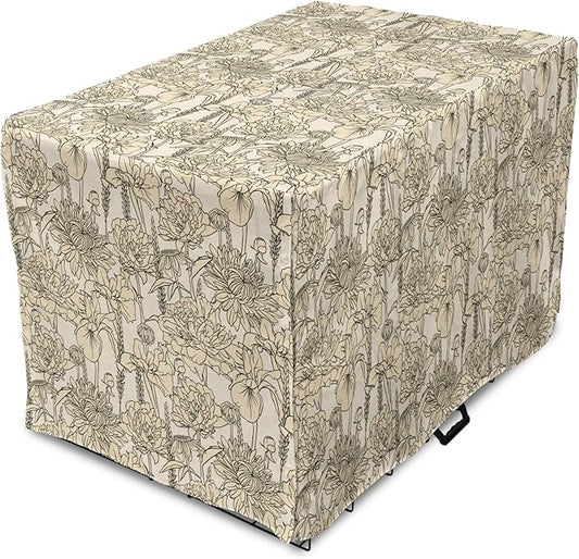 Lunarable Floral Dog Crate Cover, Daffodil and Carnation Bouquets Sketch Art Style Botanical Blossoms Field, Easy to Use Pet Kennel Cover for Cats & Medium Dogs, 30 Inch, Beige and Champagne