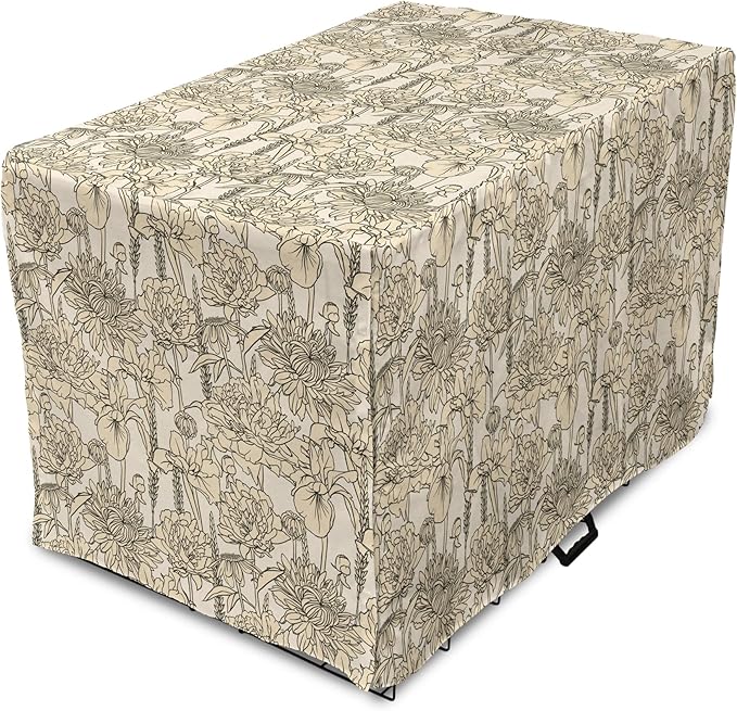 Lunarable Floral Dog Crate Cover, Daffodil and Carnation Bouquets Sketch Art Style Botanical Blossoms Field, Easy to Use Pet Kennel Cover for Medium Large Dogs, 48 Inch, Beige and Champagne