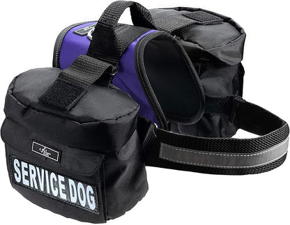 Service Dog Harness with Removable Saddle Bag Backpack Carrier Traveling Carrying Bag. 2 Removable Patches. Please Measure Dog Before Ordering. Made by Doggie Stylz (Girth 24-31", Purple)