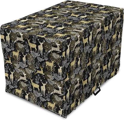 Ambesonne Christmas Dog Crate Cover, Nature Woodland and Deer Silhouettes with Oriental Ornaments Design, Easy to Use Pet Kennel Cover for Small Dogs Puppies Kittens, 22 Inch, Yellow White Black