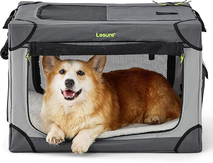 Lesure Soft Collapsible Dog Crate - 26 Inch Portable Travel Crate for Small Dogs Indoor & Outdoor, 4-Door Foldable Pet Kennel with Durable Mesh Windows, Grey