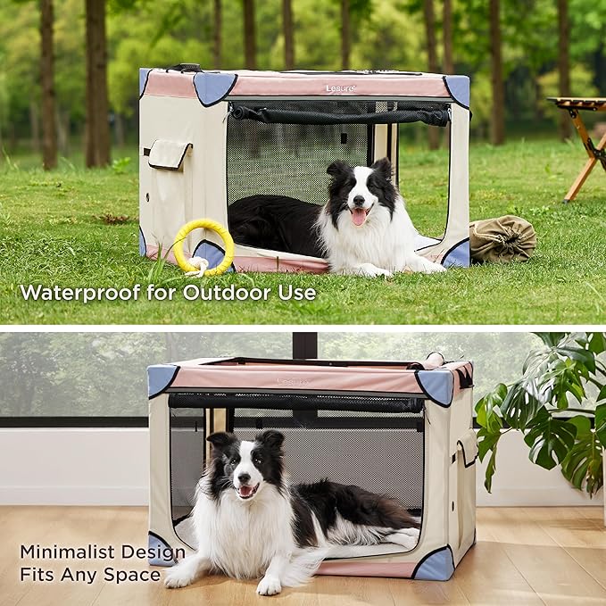Lesure Soft Collapsible Dog Crate - 36 Inch Portable Travel Crate for Large Dogs Indoor & Outdoor, 4-Door Foldable Pet Kennel with Durable Mesh Windows, Pink
