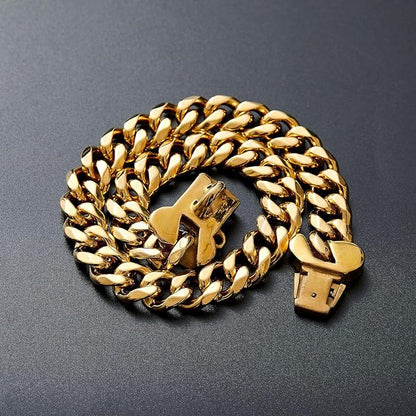 15mm Wide Strong Stainless Steel Bone Style Buckle Gold Dog Chain Collar,18K Gold Plated Cuban Link Chain Dog Necklace Collar for Small Medium Large Dogs - 18''