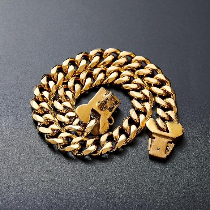 15mm Wide Strong Stainless Steel Bone Style Buckle Gold Dog Chain Collar,18K Gold Plated Cuban Link Chain Dog Necklace Collar for Small Dogs - 12''