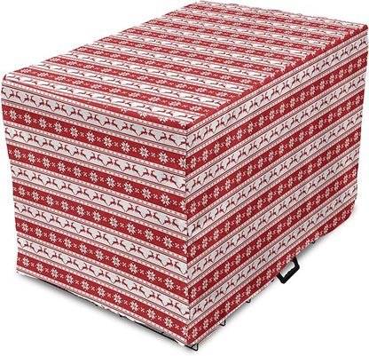 Ambesonne Christmas Dog Crate Cover, Xmas Winter Themed Deers Snowflakes in Nordic Pattern Borders and Lines Art, Easy to Use Pet Kennel Cover for Small Dogs Puppies Kittens, 22 Inch, Ruby White
