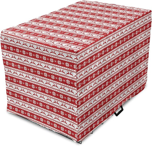 Ambesonne Christmas Dog Crate Cover, Xmas Winter Themed Deers Snowflakes in Nordic Pattern Borders and Lines Art, Easy to Use Pet Kennel Cover for Small Dogs Puppies Kittens, 22 Inch, Ruby White