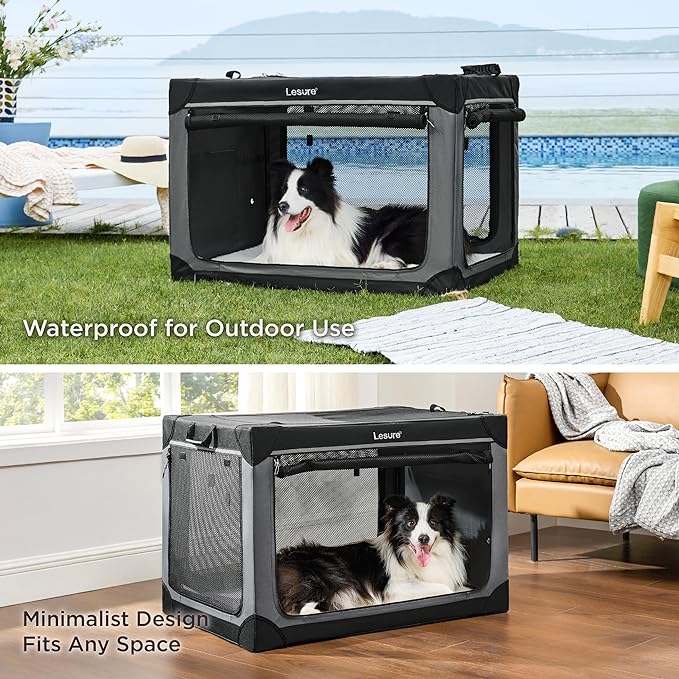 Lesure Soft Collapsible Dog Crate - 42 Inch Portable Travel Crate for Extra Large Dogs Indoor & Outdoor, 4-Door Foldable Pet Kennel with Durable Mesh Windows, Grey