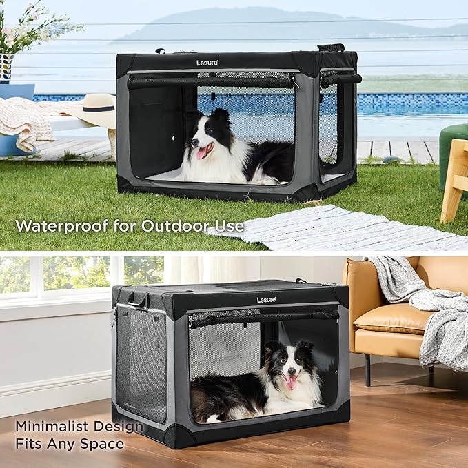Lesure Soft Collapsible Dog Crate - 36 Inch Portable Travel Crate for Large Dogs Indoor & Outdoor, 4-Door Foldable Pet Kennel with Durable Mesh Windows, Black