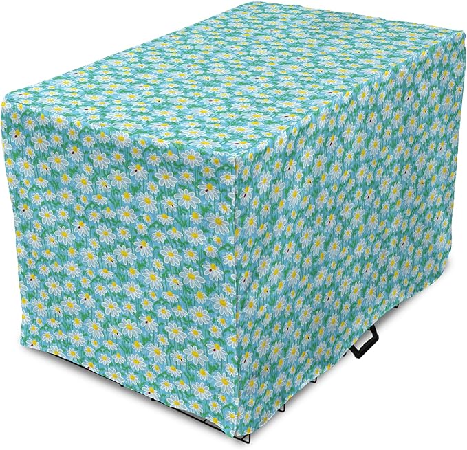 Lunarable Yellow and Blue Dog Crate Cover, Meadow Art Pattern with Ladybirds and Chamomile Daisy Blossoms, Easy to Use Pet Kennel Cover for Cats & Medium Dogs, 24 Inch, Aqua White Marigold