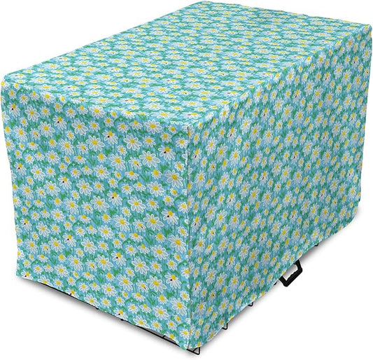 Lunarable Yellow and Blue Dog Crate Cover, Meadow Art Pattern with Ladybirds and Chamomile Daisy Blossoms, Easy to Use Pet Kennel Cover for Cats & Medium Dogs, 24 Inch, Aqua White Marigold