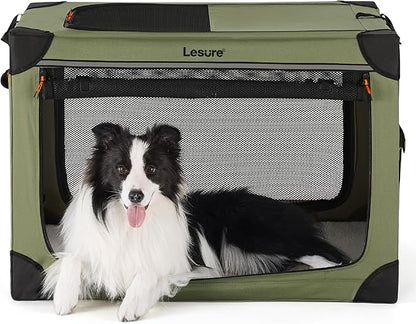 Lesure Soft Collapsible Dog Crate - 36 Inch Portable Travel Crate for Large Dogs Indoor & Outdoor, 4-Door Foldable Pet Kennel with Durable Mesh Windows, Green