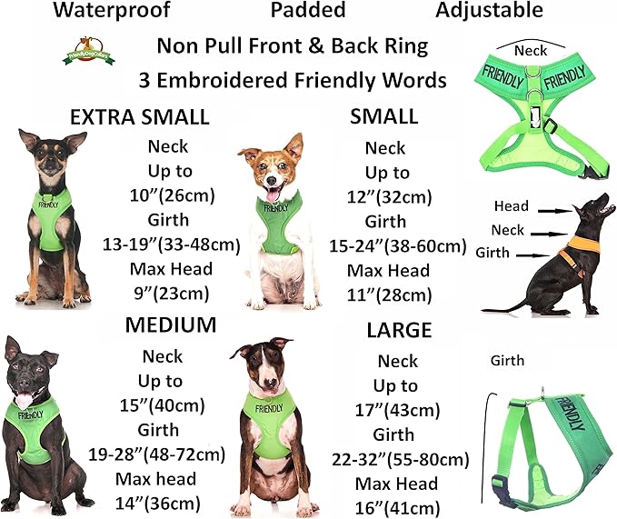 FRIENDLY (Known as Friendly to all) Green Color Coded Non-Pull Front and Back D Ring Padded and Waterproof Vest Dog Harness PREVENTS Accidents By Warning Others Of Your Dog In Advance (L)