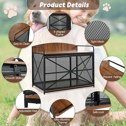 Merax 42.8" Heavy Duty Large Dog Crate Furniture for Large Medium Dog, Farmhouse Wooden Dog Kennel Indoor End Table, Decorative Pet House for Dogs, Brown