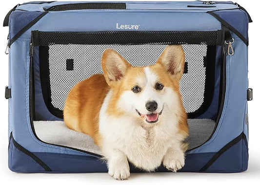 Lesure Collapsible Dog Crate - Portable Travel Kennel for Small Dog, 4-Door Pet Crate with Durable Mesh Windows, Indoor & Outdoor, Blue