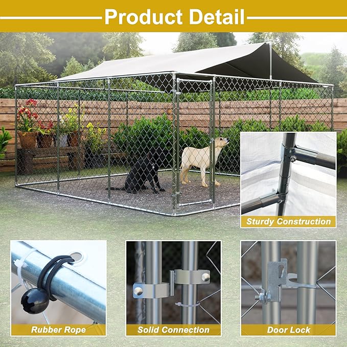 Outdoor Dog Kennel Dog Crate with Lockable Swing Gate,Water & UV Resistant Dog Enclosure Outdoor W/Pitched Roof,Heavy Duty Dog Pens Dog House Outside for Large Dogs,Gray(157"x 157")
