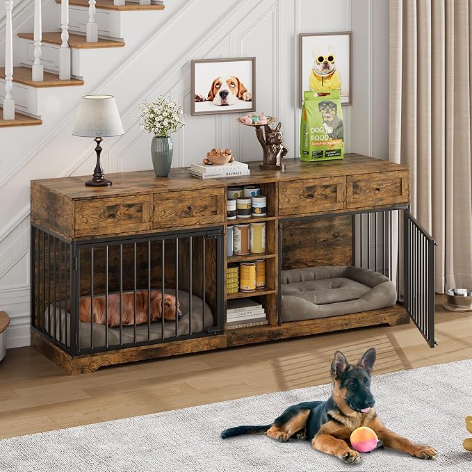 82” Double Dog Crate Furniture, Large Dog Kennel Indoor for 2 Dogs, Heavy Duty Wooden Dog Crate TV Stand with 4 Drawers and Shelves, Brown