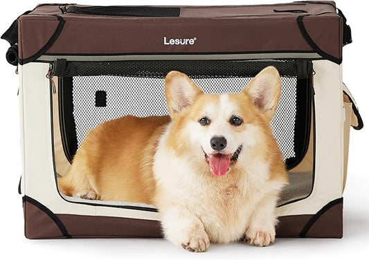 Lesure Soft Collapsible Dog Crate - 26 Inch Portable Travel Crate for Small Dogs Indoor & Outdoor, 4-Door Foldable Pet Kennel with Durable Mesh Windows, Brown