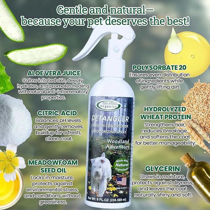 Detangler Spray - Woodland Adventure - Deodorizing Spray for Dogs and Horses, Leave-in Conditioner, Gently Releases Tangles, Softens Coats, Freshens Scent | Made in The USA | 8 oz