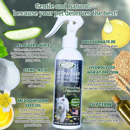 Detangler Spray - Woodland Adventure - Deodorizing Spray for Dogs and Horses, Leave-in Conditioner, Gently Releases Tangles, Softens Coats, Freshens Scent | Made in The USA | 8 oz