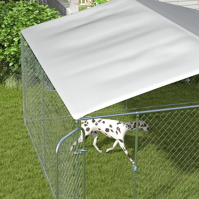 PawHut Large Dog Kennel Outside, Heavy Duty Dog Cage with Waterproof Cover, Outdoor Fence Dog Run with Galvanized Chain Link, Secure Lock, 13' x 13' x 7.5'
