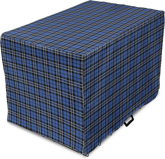 Lunarable Plaid Dog Crate Cover, Classical Old Fashioned Abstract Pattern Design Scottish Country Style, Easy to Use Pet Kennel Cover for Medium Large Dogs, 42 Inch, Violet Blue Black White