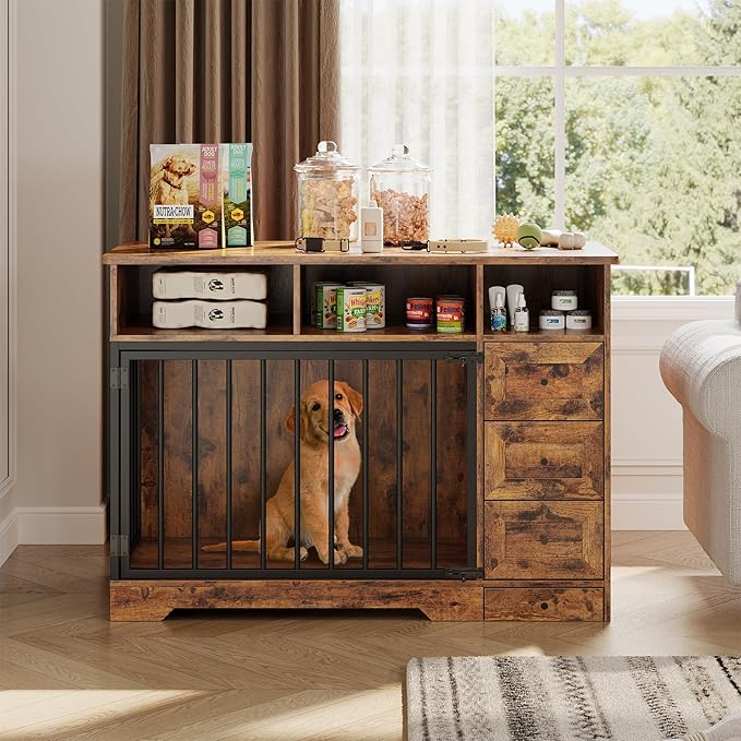 Dog Crate Furniture for Small Dogs, Wooden Dog Kennel Indoor with Storage Shelves, 3 Drawers & Hidden Bowl, Modern Pet Cage Side End Table, up to 120 lb, 48" L, Steel Lock, Retro Brown