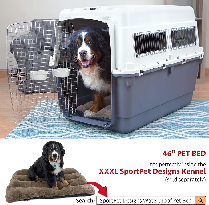 SportPet Designs Plastic Kennels Rolling Plastic Airline Approved Wire Door Travel Dog Crate, XXX-Large, Gray