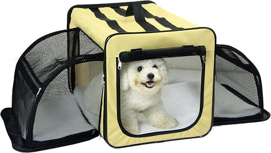 PET LIFE 'Capacious' Dual-Sided Expandable Spacious Wire Folding Collapsible Lightweight Pet Dog Crate Carrier House, Large, Khaki