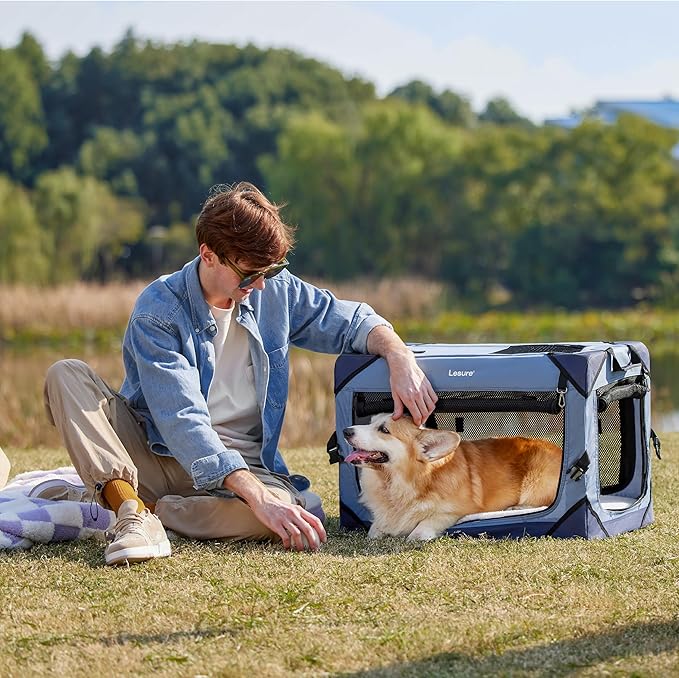 Lesure Collapsible Dog Crate - Portable Travel Kennel for Small Dog, 4-Door Pet Crate with Durable Mesh Windows, Indoor & Outdoor, Blue